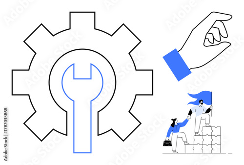 Gear and wrench symbolizing problem-solving, hand representing action, and people helping each other climb blocks for teamwork and growth. Ideal for support, collaboration, leadership