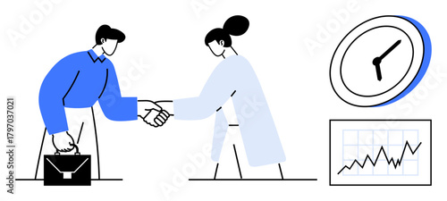 Business handshake, briefcase, clock, and graph symbolizing teamwork, negotiation, time management, communication, partnership career growth and effective planning. Ideal for business
