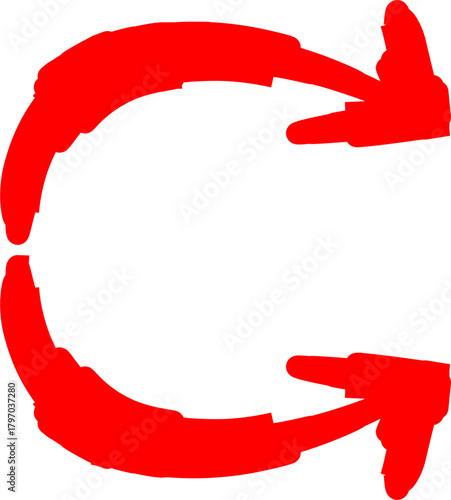 Two hand-drawn red arrows forming a circular refresh or reload symbol on a white background.