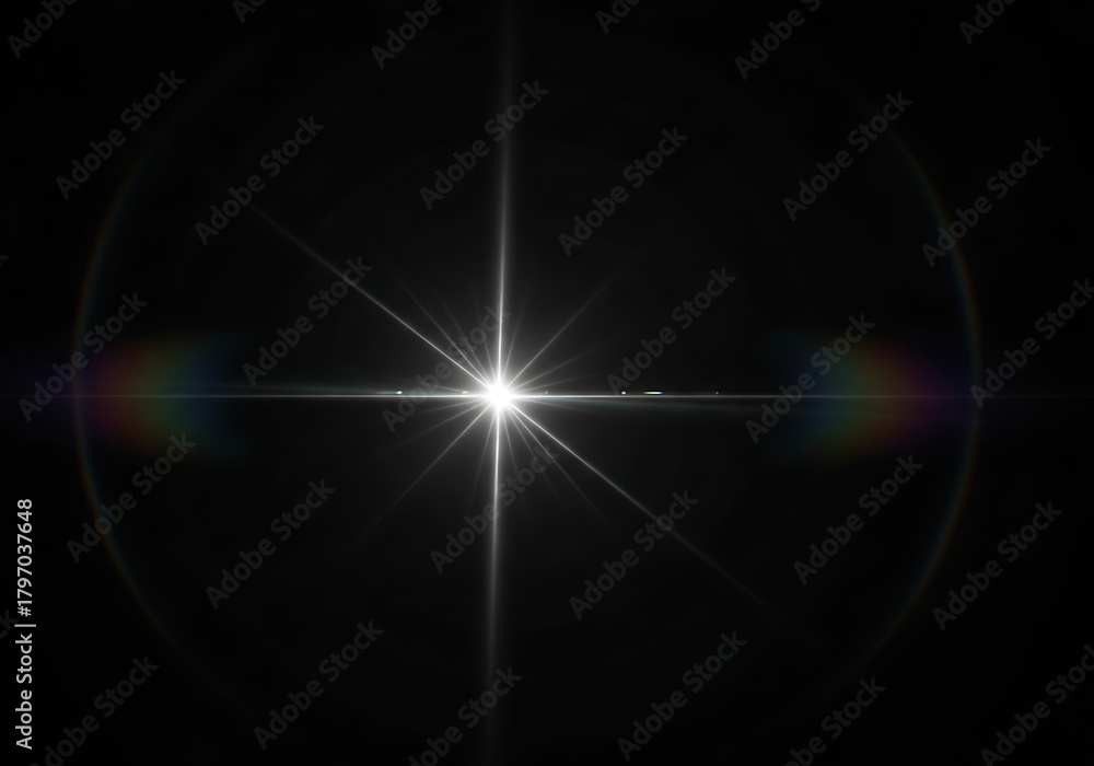 Obraz premium Brilliant starburst lens flare effect radiating bright light and subtle rainbow halo, perfect for adding dramatic flair to any project.
