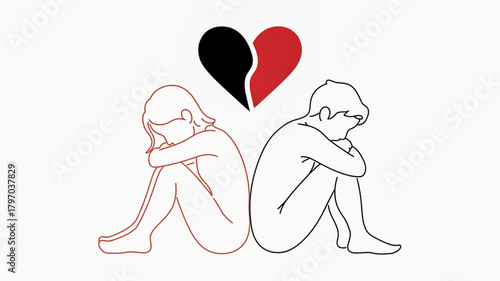 Broken heart above two sad people sitting back to back