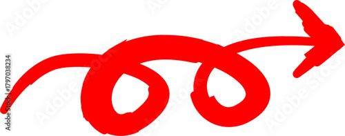 A hand-drawn red arrow with a spiral, loopy path pointing to the right against a white background.