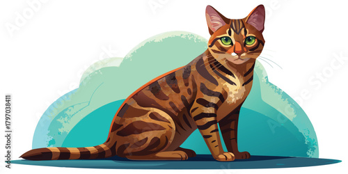 A beautiful manx cat with a distinctive coat pattern is sitting against a cloud background