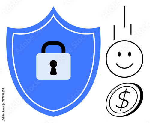 Blue shield with lock symbolizing security next to a smiling face and coin representing savings, trust, and happiness. Ideal for financial protection, cybersecurity, income growth, happiness, trust