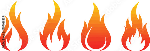 Set of four distinct fire flame icons isolated on a white background. Vector illustration of orange and yellow blaze symbols representing heat, energy, and danger