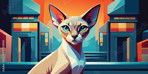 A majestic sphynx cat with piercing blue eyes sits before an architectural cityscape