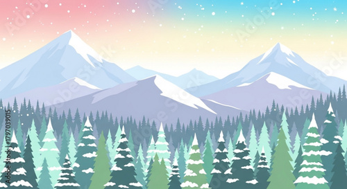 Dreamy winter wonderland scene with snow-capped mountains and evergreen trees, perfect for holiday greetings, seasonal promotions and winter travel inspiration