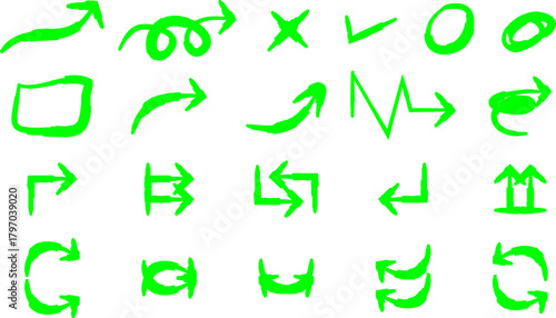 A diverse collection of hand-drawn green arrows and symbols for direction and marking.