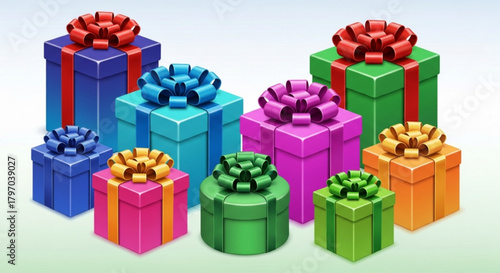 Vibrant array of colorful gift boxes with ribbons, perfect for birthdays, holidays, and celebrations, adding joy and excitement to any special occasion