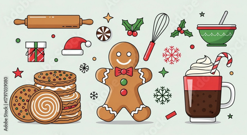 Delightful Christmas cookie baking scene with gingerbread man, cookies, hot chocolate, and baking tools for festive holiday designs and joyful celebrations