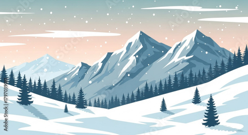 Serene snow covered mountains and evergreen trees landscape evokes peace and winter magic, perfect for holiday cards, calendars, and seasonal promotions