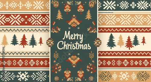 Festive Christmas cheer with a folk art inspired design evokes cozy holiday spirit, perfect for cards, invitations, and seasonal promotions