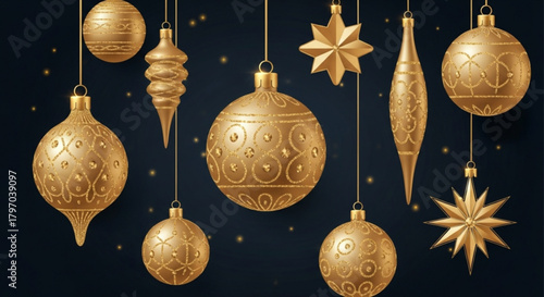 Elegant golden Christmas ornaments create a festive holiday mood for seasonal decor, bringing a touch of luxury and sparkle to celebrate the new year