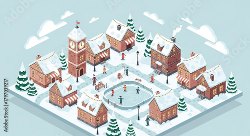 Charming winter village scene with festive ice skating rink, perfect for holiday promotions, greeting cards, or seasonal designs, originally a scalable graphic