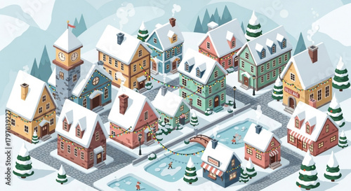 Charming winter village scene with snow-covered houses, perfect for holiday greetings, children's books, or festive marketing materials, a joyful Christmas townscape