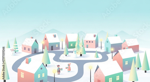 Charming winter village scene with pastel houses, snow-covered trees, and children exchanging gifts, perfect for holiday greetings and seasonal designs