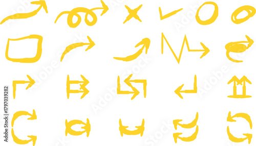 A diverse collection of hand-drawn yellow arrows and doodle symbols on a white background.