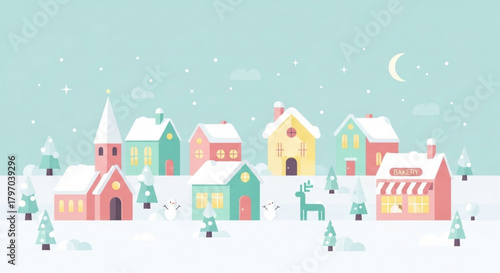 Charming winter village scene with snow-covered houses, bakery, and cheerful snowmen, perfect for holiday cards and festive designs, originally created as a scalable graphic