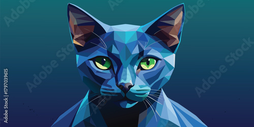 A beautiful russian blue cat with green eyes in a geometric cartoon illustration
