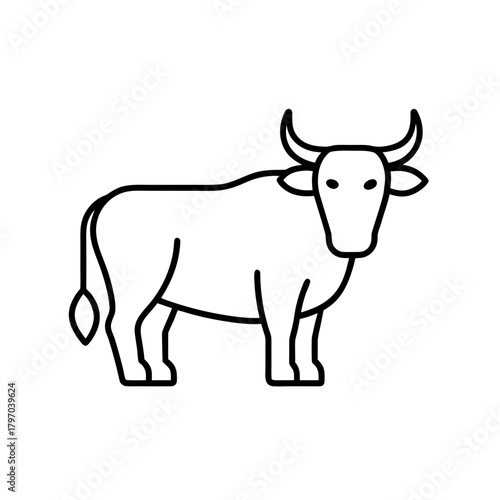Illustration of a bull with horns in outline style on transparent background