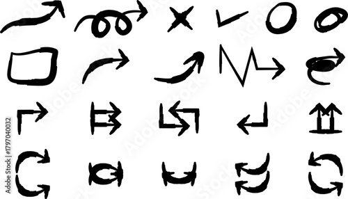 A diverse collection of hand-drawn black arrows and symbols on a white background.