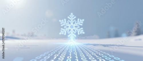 A glowing snowflake icon over a path of binary code in a winter landscape. Futuristic concept of cold data storage and cloud computing technology