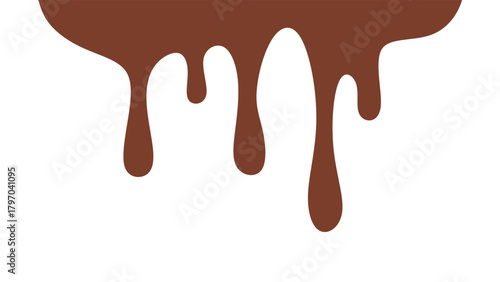 Melted chocolate or syrup drips isolated on a white background. Flowing liquid chocolate border element. A sweet brown syrup or sauce that melts and drips.