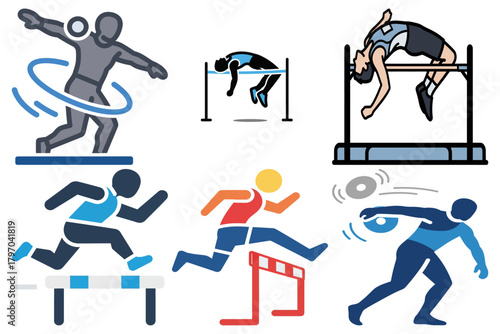 Track and Field Athletics Sports Icons Set: High Jump, Hurdling, Discus Throw Vector Illustrations