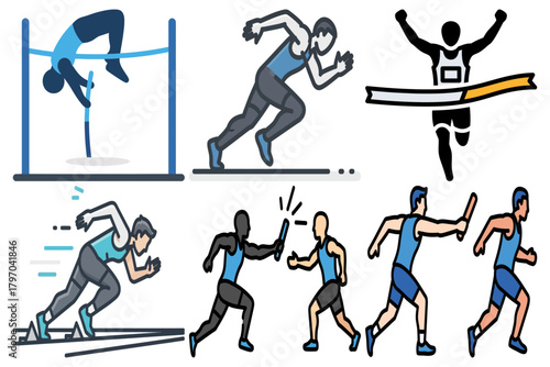 Track and Field Athletics Sports Event Icons Set - Running, Jumping, Relay Race Illustrations