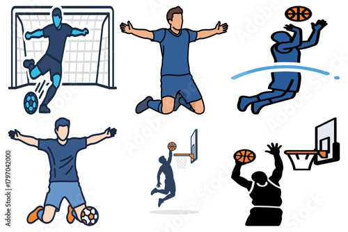 Soccer and Basketball Sports Players Vector Illustrations Set - Goal Celebration, Goalkeeper Save, and Basketball Dunk & Shoot Icons