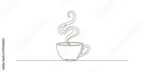 A hot drink of coffee releases steam, creating a continuous line that reflects decorative art in a minimalist fashion.