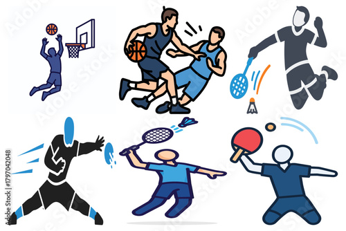 Sports Icons Collection: Basketball, Badminton, Table Tennis Players - Vector Illustrations Set
