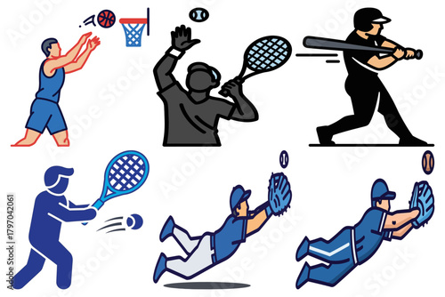 Dynamic Sports Icons Set: Basketball Shot, Tennis Serve, Baseball Batting & Catching - Vector Illustrations