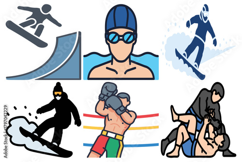 Dynamic Sports Activities Vector Icon Set: Snowboarding, Swimming, Boxing, and Martial Arts