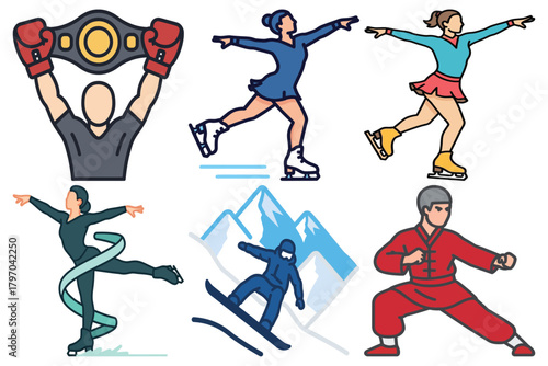 Collection of Sports Icons: Figure Skating, Snowboarding, Boxing, and Martial Arts Vector Illustration