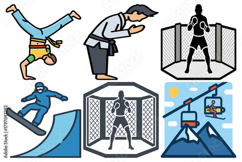 Diverse Sports and Leisure Activities Icon Set: MMA, Snowboarding, Skiing, Martial Arts, and Acrobatics Flat Vector Illustrations