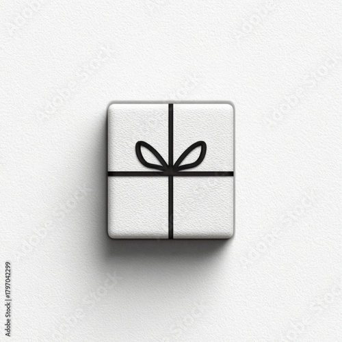 Gift box icon, minimalist 3D style, white with black lines, representing celebration and presents
