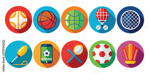 Colorful set of sport ball icons with long shadows vector illustration, best for logo design