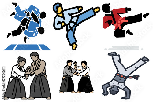 Martial Arts Icon Set: Dynamic Illustrations of Judo, Karate, Taekwondo, and Aikido Techniques, Training, and Combat Sports Concepts