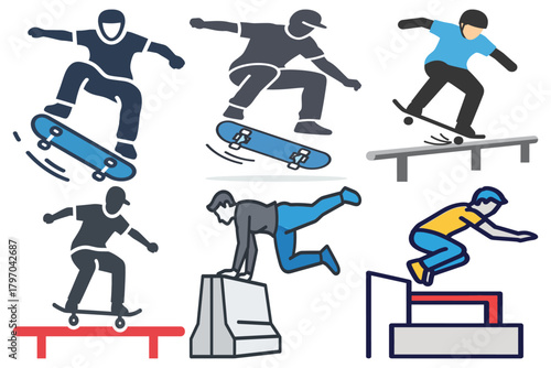 Skateboarding and Parkour Vector Icons Set. Urban Extreme Sports Athletes Performing Tricks, Jumps, and Grinds. Modern Flat Design Elements.