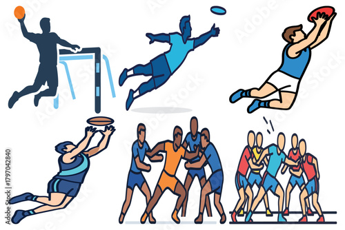 Dynamic Sports Action Vector Illustrations: Handball, Ultimate Frisbee, Rugby, and Australian Rules Football Players in Competition and Teamwork