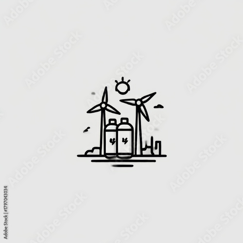 Outline icon of wind turbines and bioenergy, sustainable, eco-friendly solution, in black and white.