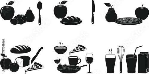 Food and kitchen icon bundle, fruits, bread, pizza, drinks, utensils, black silhouettes, vector symbols, culinary elements, editable pictograms, cooking illustration set