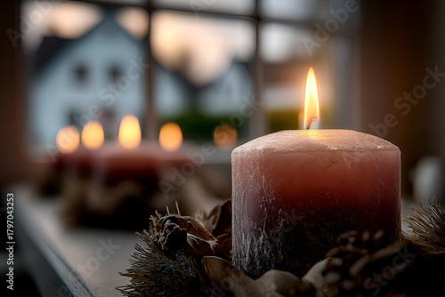 Close up of one burning advent candle on a table, blurry background 