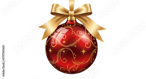 Elegant red Christmas ornament with golden swirls and ribbon, perfect for holiday greetings, festive cards and seasonal promotions