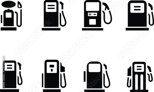 Variety of black gas station icons on white background for design