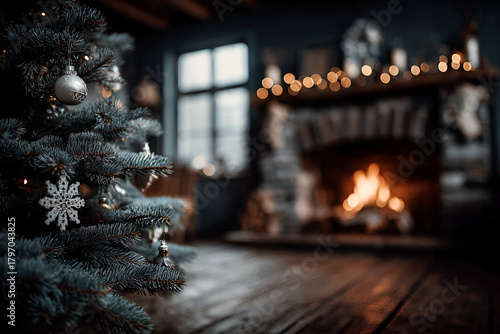 Close up of christmas tree with ornament balls decorations, blurry fireplace  background 