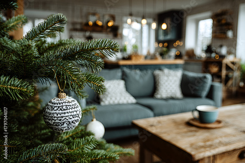 Close up of christmas tree with ornament balls decorations, blurry living room background 