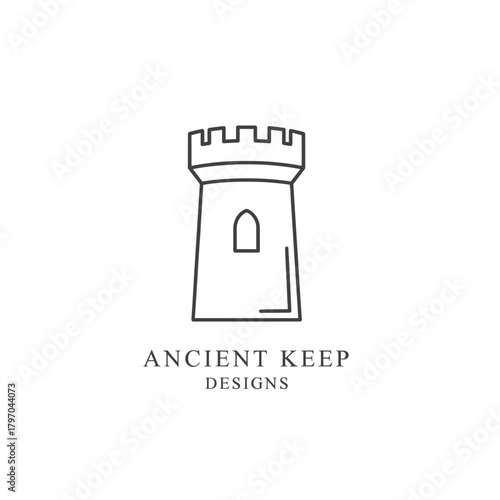 A minimalist line-art illustration featuring a medieval tower with battlements and a small window