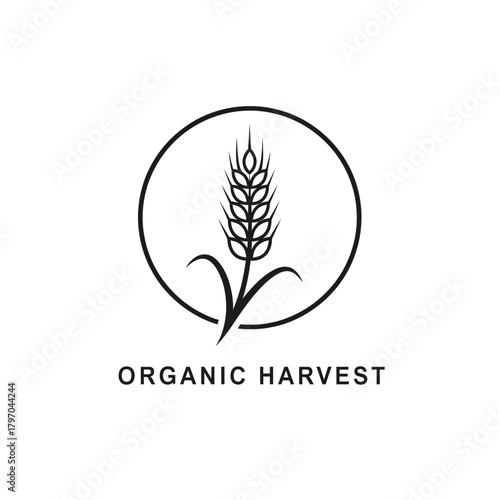 A black and white illustration of a wheat stalk inside a circle, with text at the bottom
